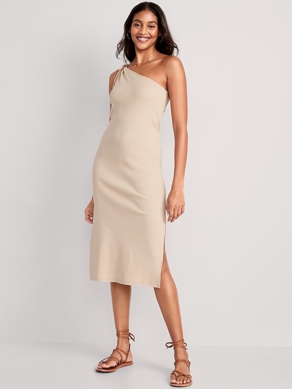 One Shoulder Rib Knit Cotton Midi Cocktail Dress Neutral Beige Desert Floor XL